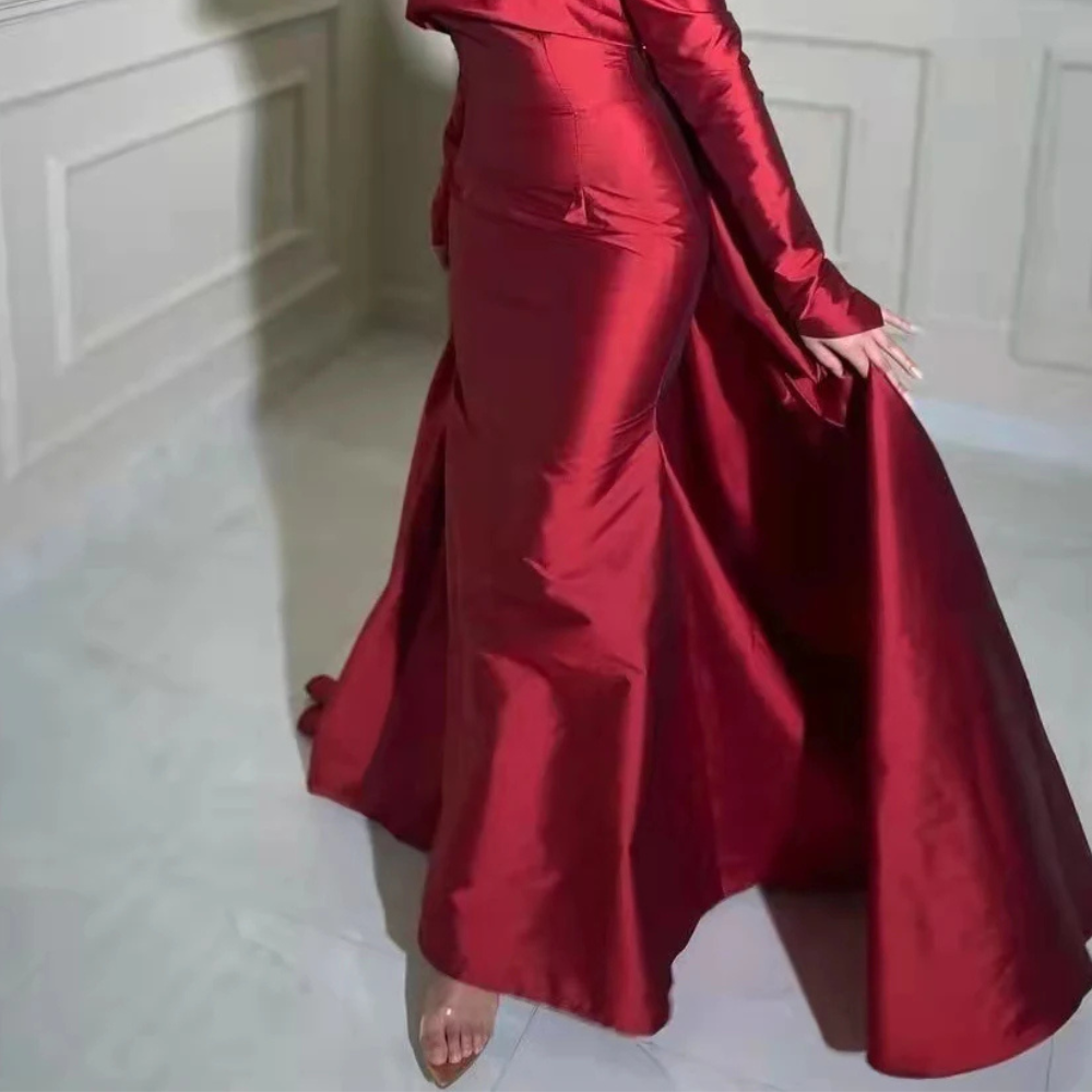 Elegant Red Satin Off Shoulder Bow Train Floor-Length Gown, Skirt Close Up