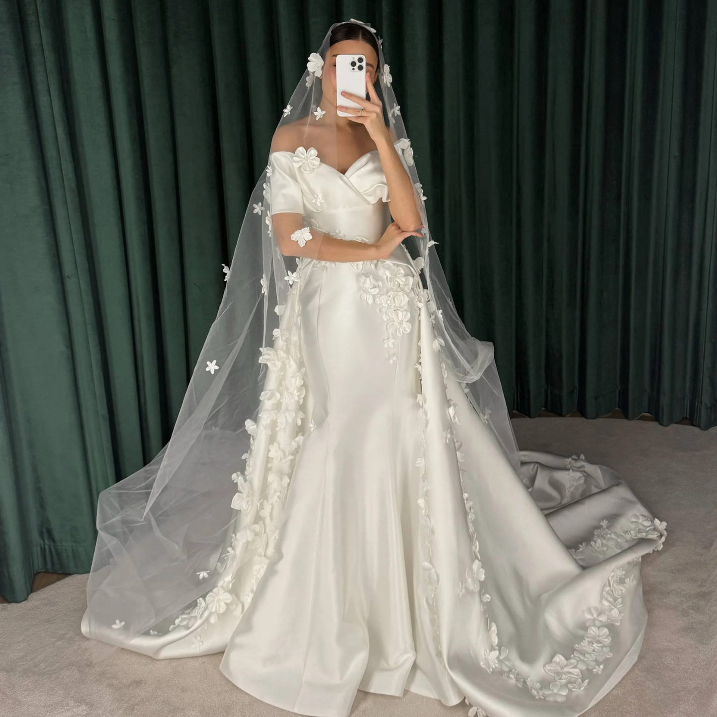 Elegant Satin 3D Flower Off Shoulder Mermaid Bridal Gown with Veil & Train