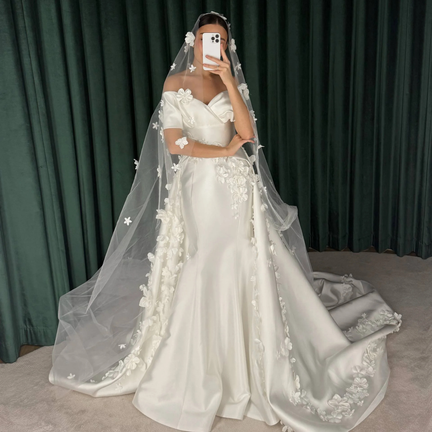 Elegant Satin 3D Flower Off Shoulder Mermaid Bridal Gown with Veil & Train