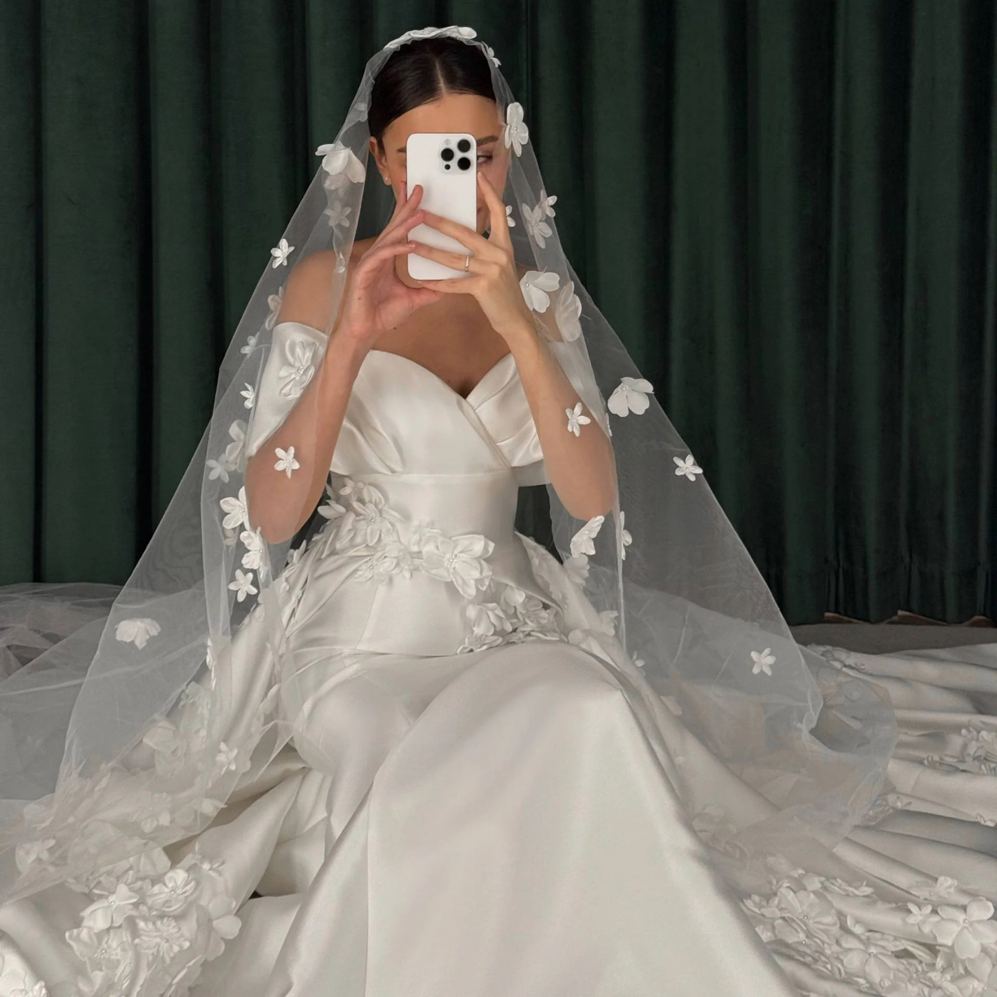 Elegant Satin 3D Flower Off Shoulder Mermaid Bridal Gown with Veil & Train, Close Up
