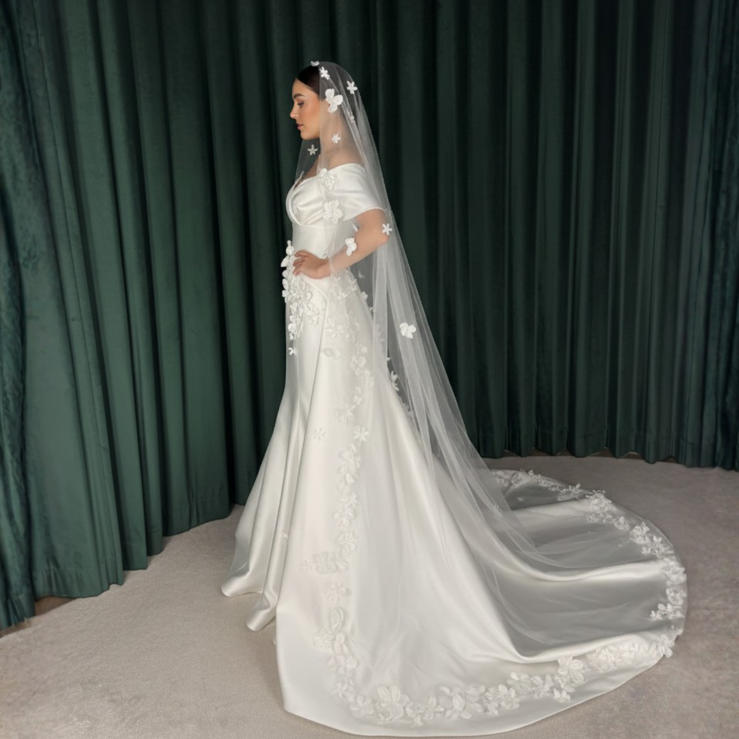 Elegant Satin 3D Flower Off Shoulder Mermaid Bridal Gown with Veil & Train, Left Side
