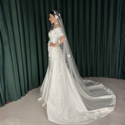 Elegant Satin 3D Flower Off Shoulder Mermaid Bridal Gown with Veil & Train, Left Side