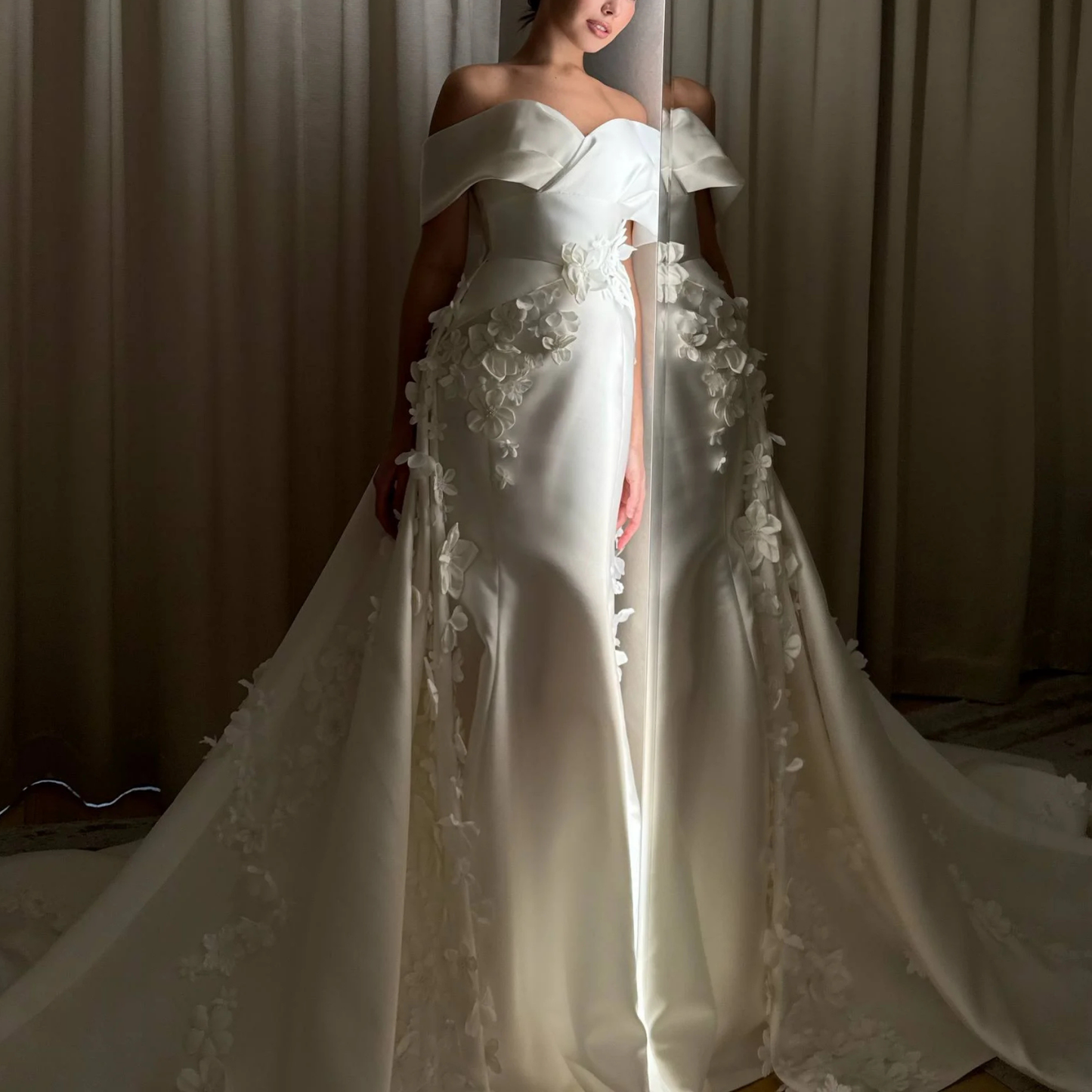 Elegant Satin 3D Flower Off Shoulder Mermaid Bridal Gown with Veil & Train, Front 2