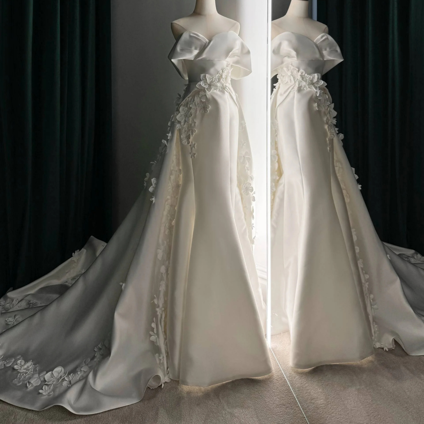 Elegant Satin 3D Flower Off Shoulder Mermaid Bridal Gown with Veil & Train, on Mannequin