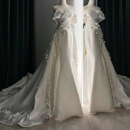 Elegant Satin 3D Flower Off Shoulder Mermaid Bridal Gown with Veil & Train, on Mannequin