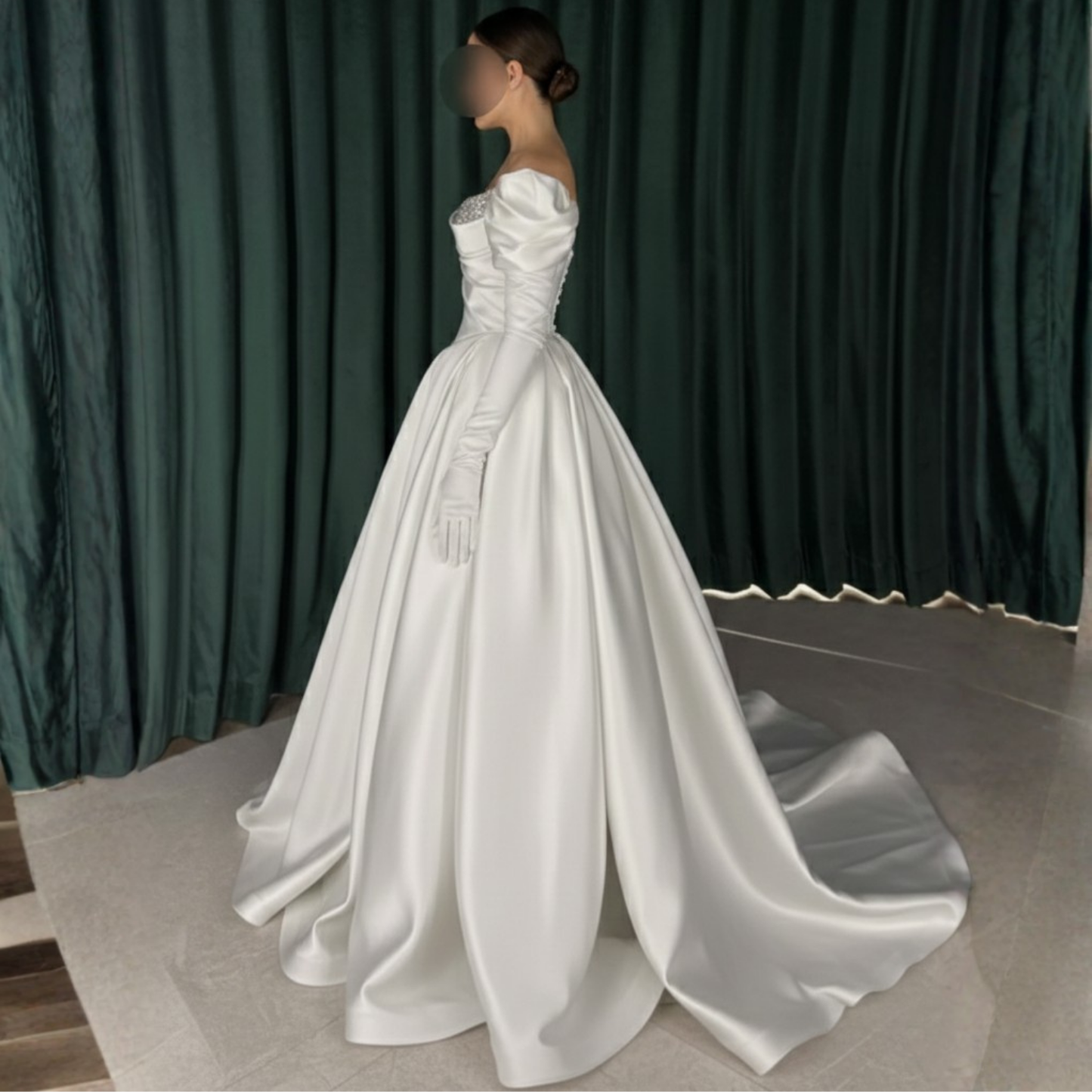 Elegant Satin Puff Shoulder Glove Long Sleeves Rhinestones Bridal Gown, Left