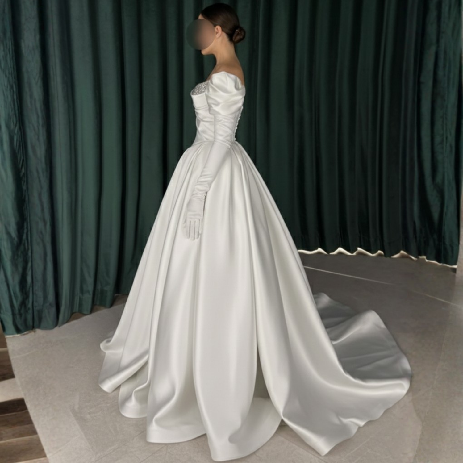 Elegant Satin Puff Shoulder Glove Long Sleeves Rhinestones Bridal Gown, Left