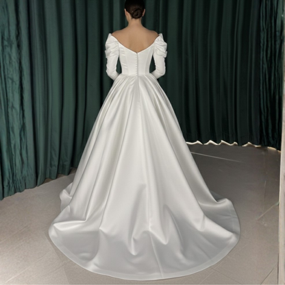 Elegant Satin Puff Shoulder Glove Long Sleeves Rhinestones Bridal Gown, Back