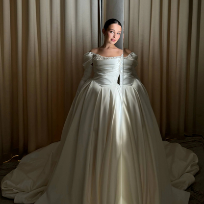 Elegant Satin Puff Shoulder Glove Long Sleeves Rhinestones Bridal Gown, Right