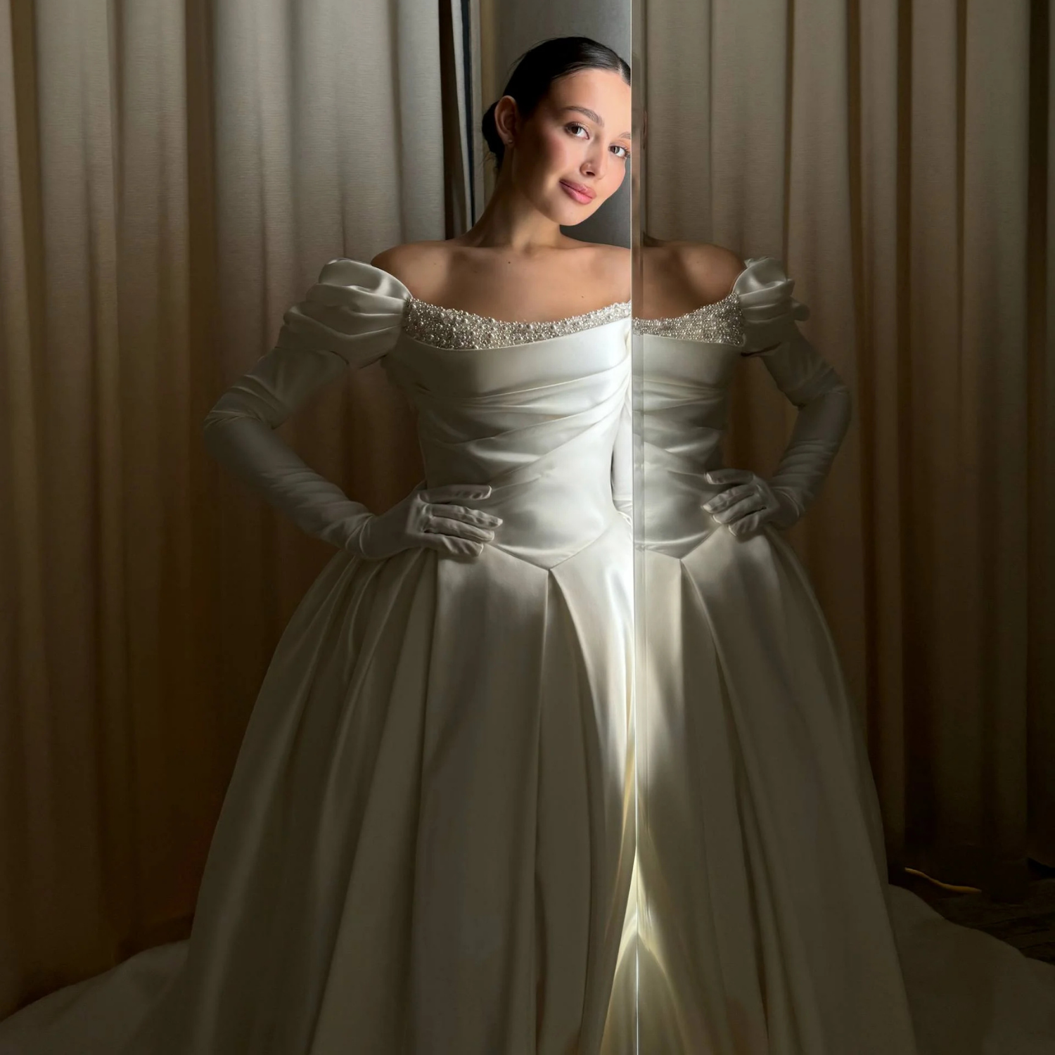 Elegant Satin Puff Shoulder Glove Long Sleeves Rhinestones Bridal Gown, Close Up
