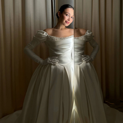Elegant Satin Puff Shoulder Glove Long Sleeves Rhinestones Bridal Gown, Close Up