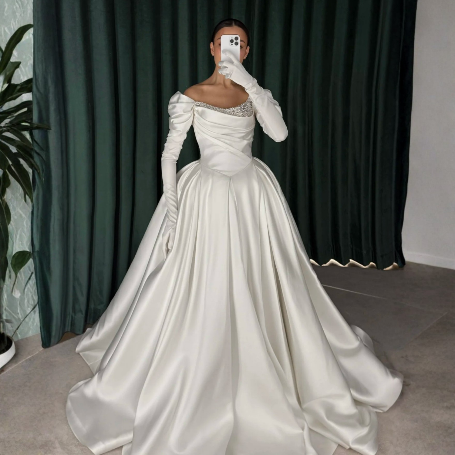 White Satin Pearl Beading Puff Shoulder Glove Long Sleeves A-Line Bridal Gown