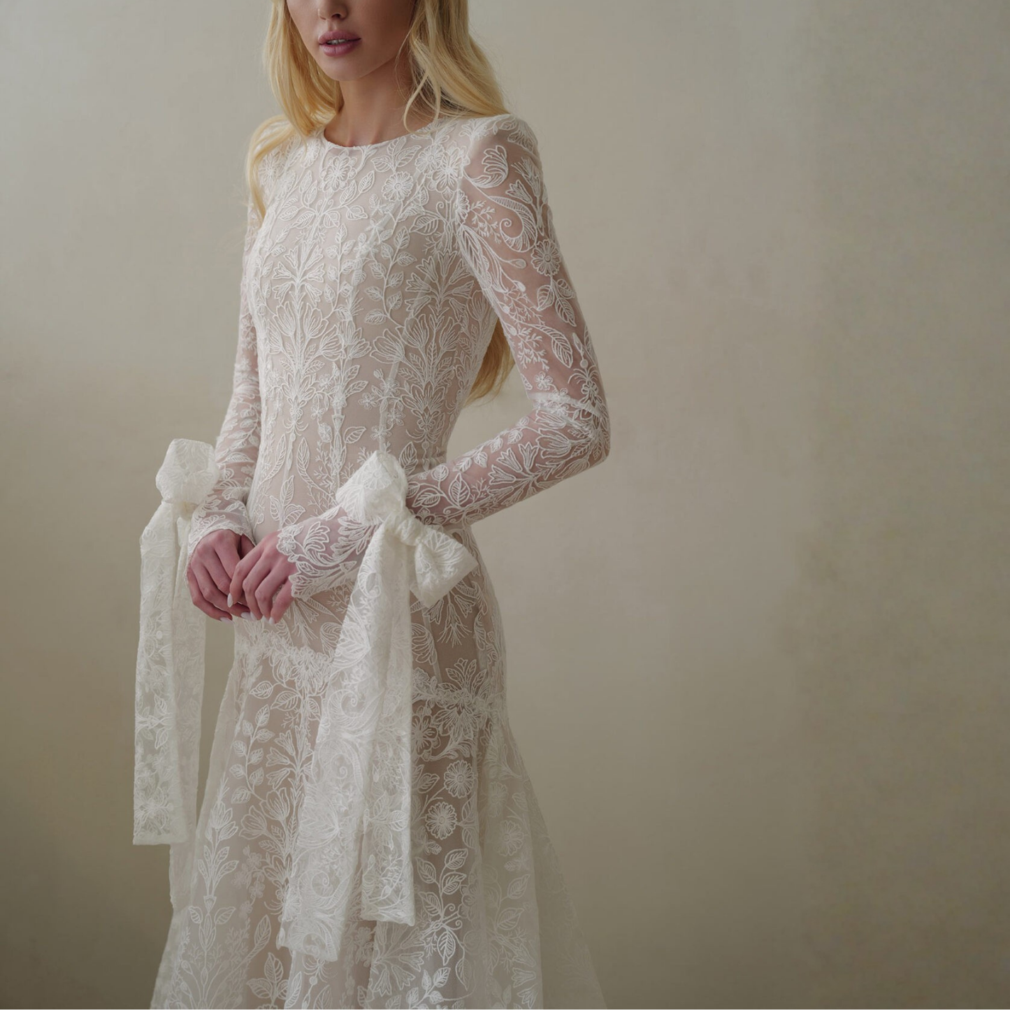 Elegant White Floral Lace Long Sleeves A-Line Bridal Gown, Right