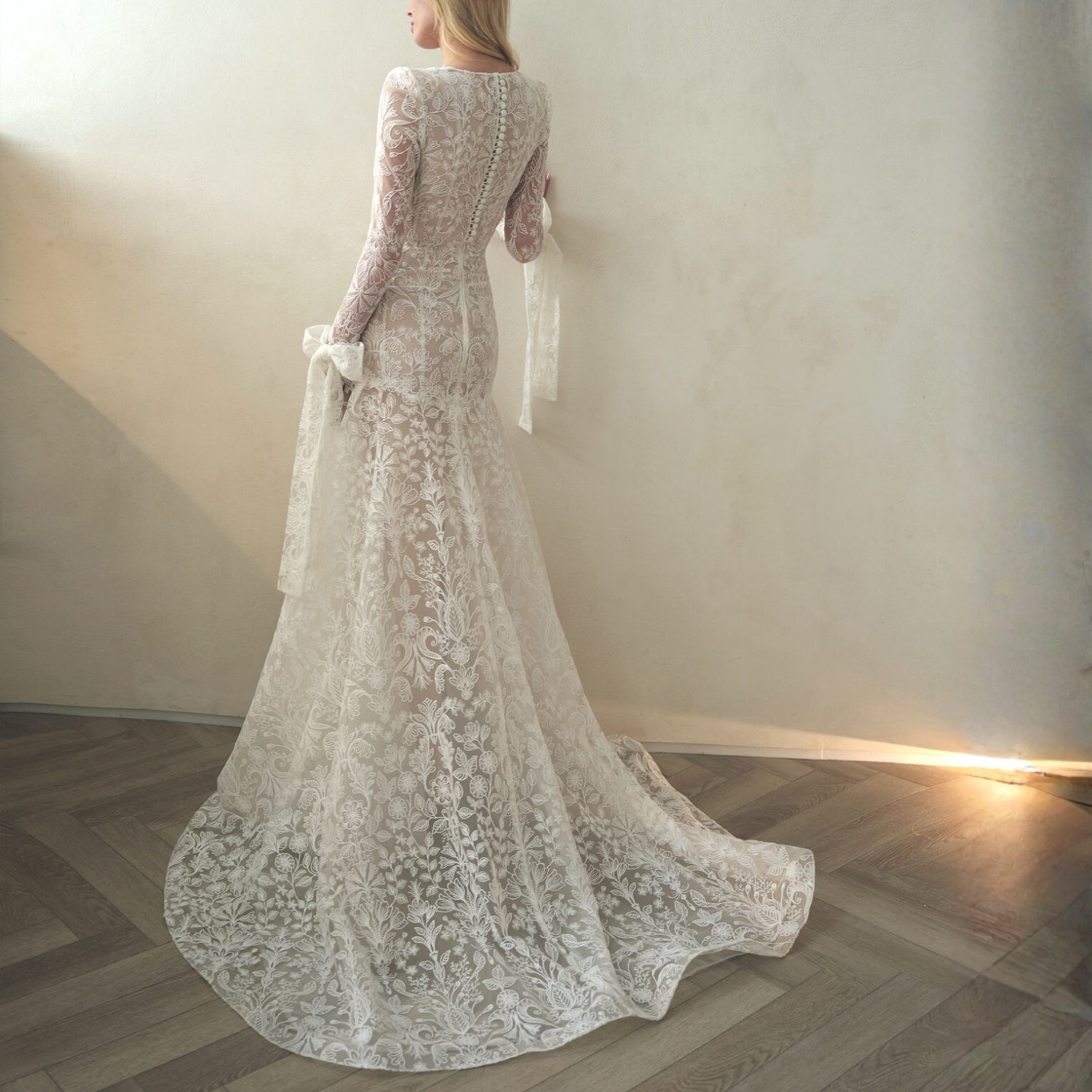 Elegant White Floral Lace Long Sleeves A-Line Bridal Gown, Back
