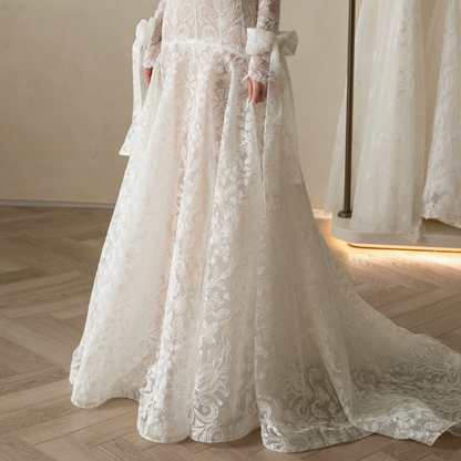 Elegant White Floral Lace Long Sleeves A-Line Bridal Gown, Skirt