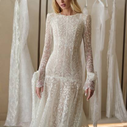 Elegant White Floral Lace Long Sleeves A-Line Bridal Gown, Close Up