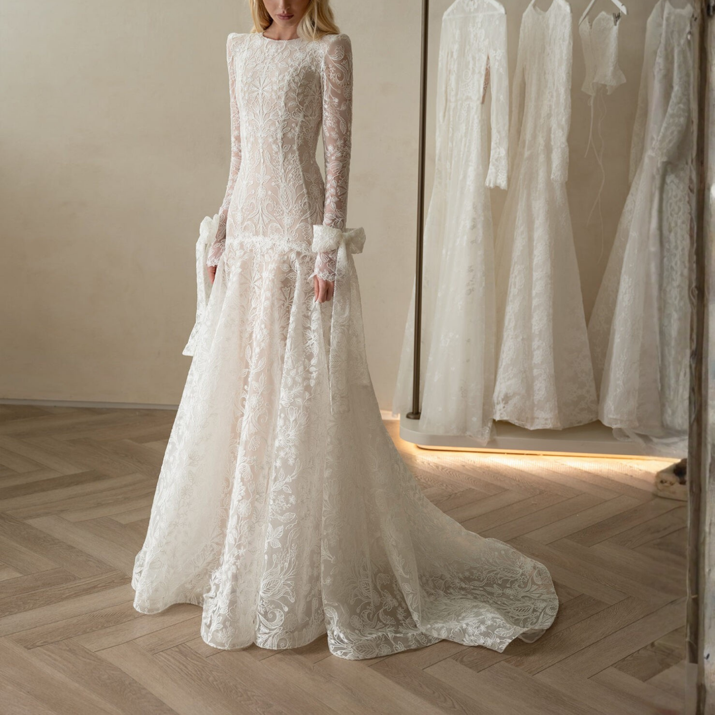Elegant White Floral Lace Long Sleeves A-Line Bridal Gown