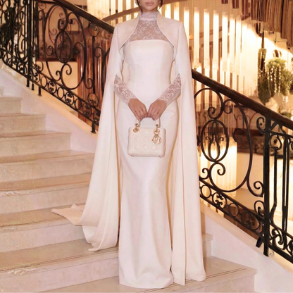 Elegant White Satin Lace High-Neck Cape Sleeve Bridal Gown