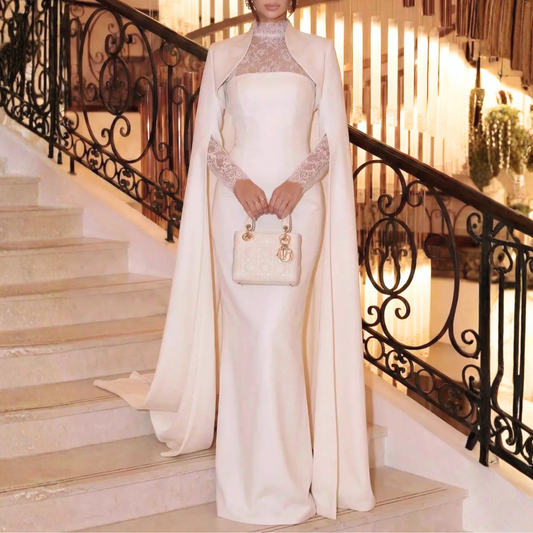 Elegant White Satin Lace High-Neck Cape Sleeve Bridal Gown, Front