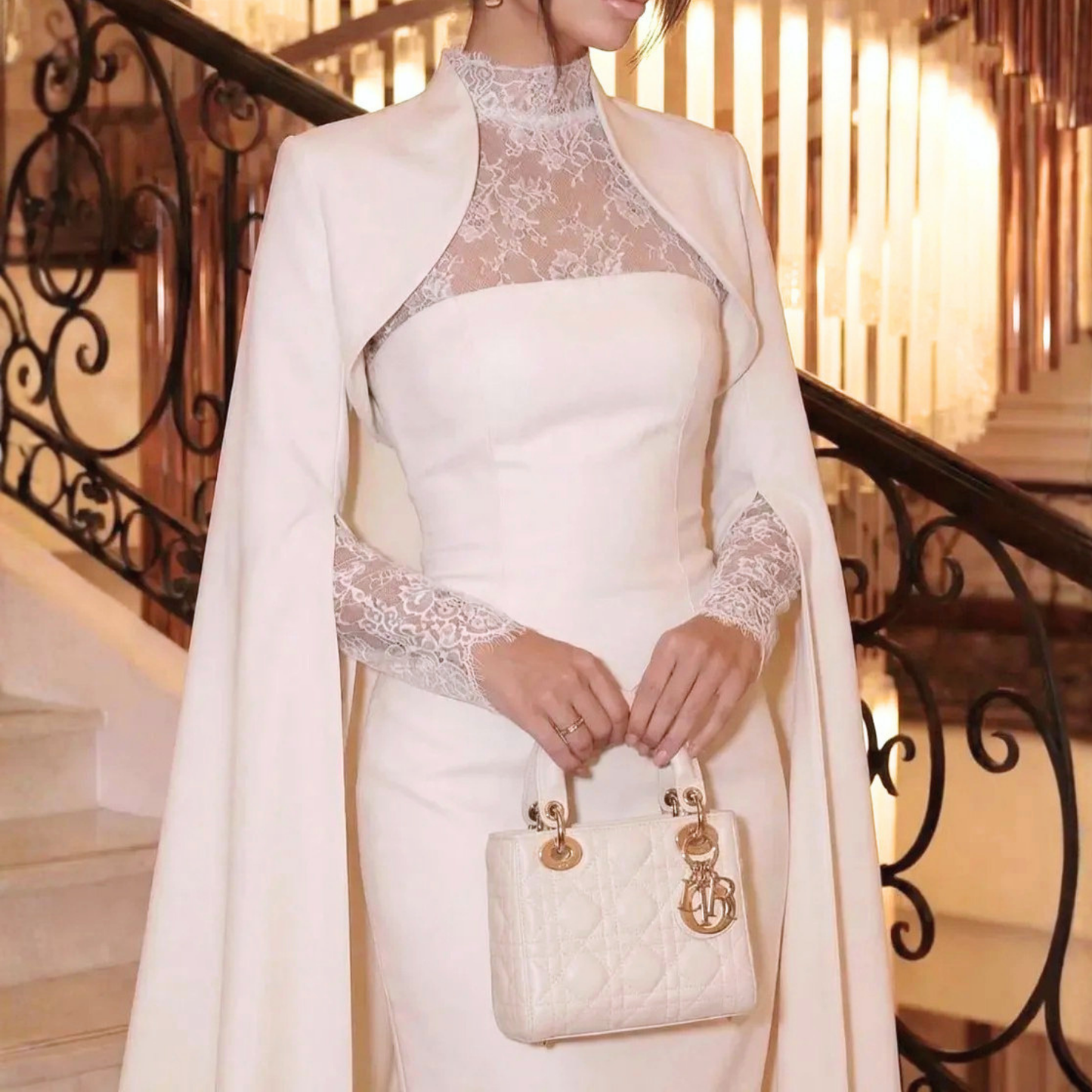 Elegant White Satin Lace High-Neck Cape Sleeve Bridal Gown