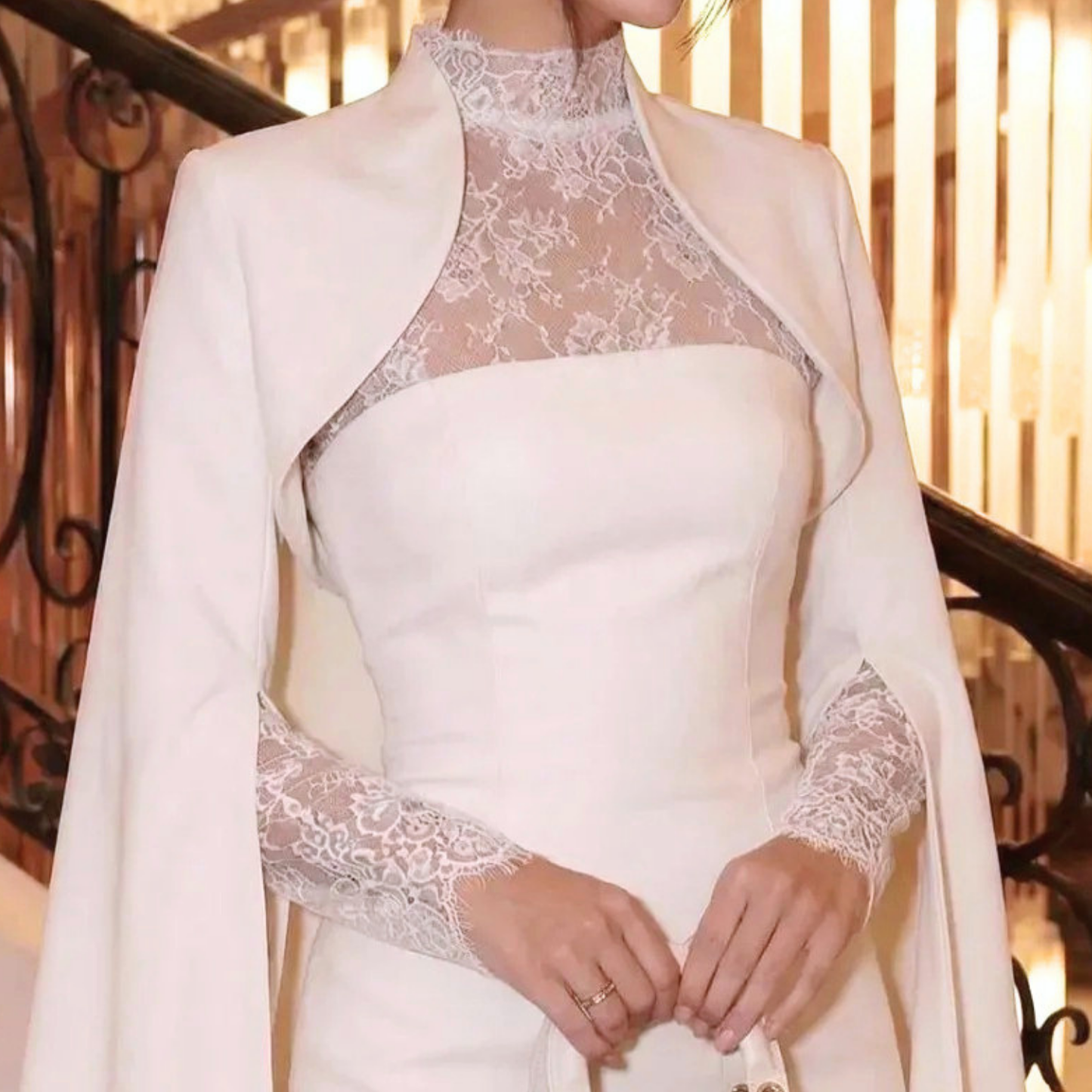 Elegant White Satin Lace High-Neck Cape Sleeve Bridal Gown
