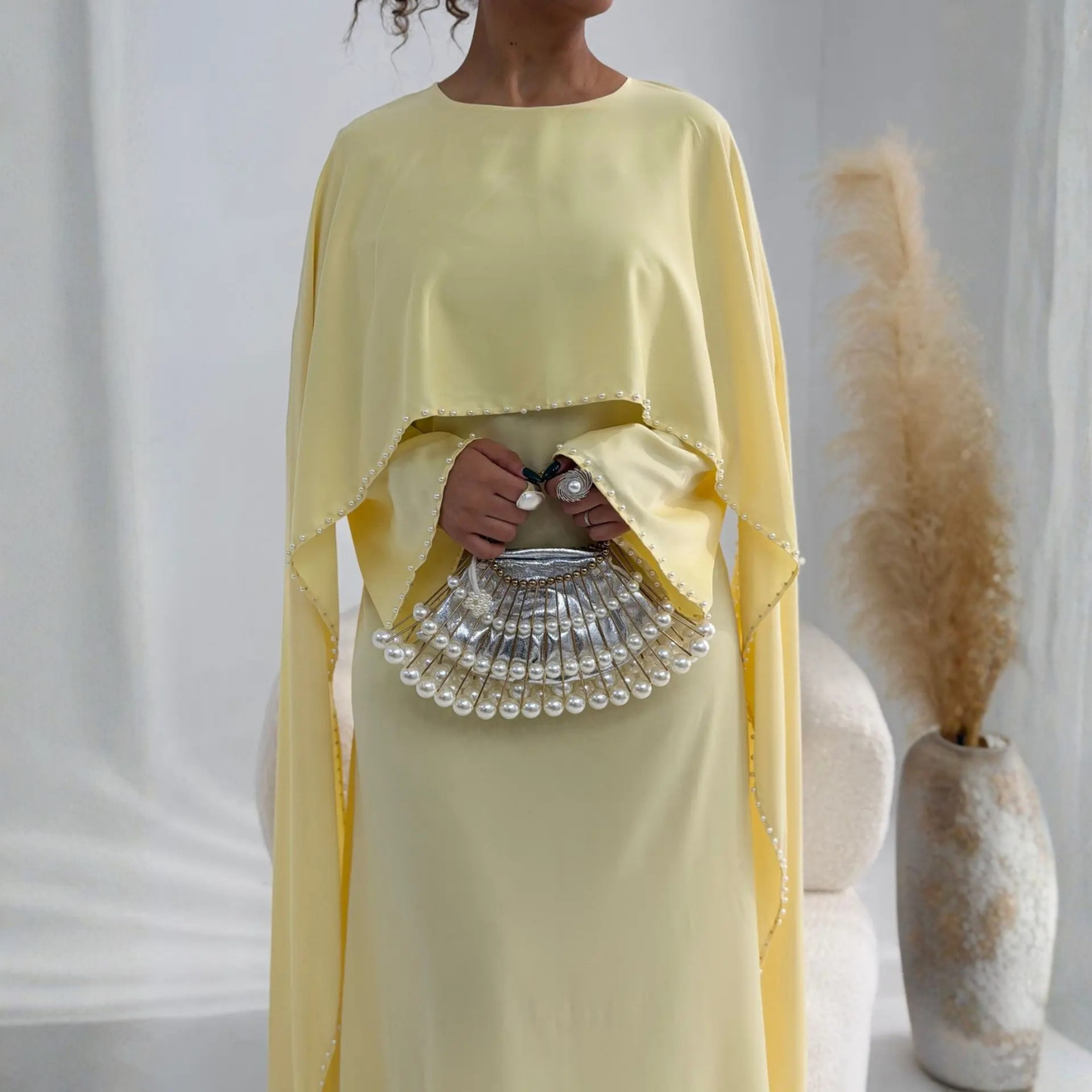 Elegant Burgundy Modest Pearl Long Flare Sleeves Maxi Dress (Abaya)