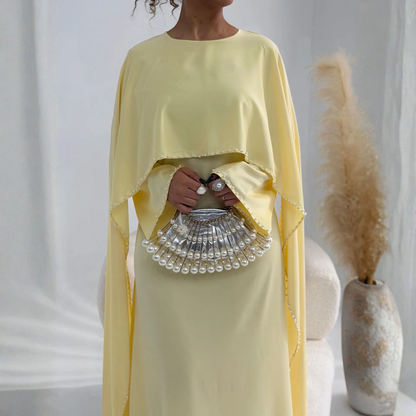 Elegant Burgundy Modest Pearl Long Flare Sleeves Maxi Dress (Abaya)