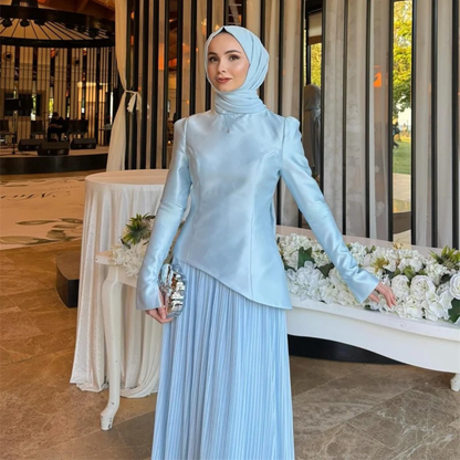 Elegant Blue Modest Satin Chiffon Pleated Floor Length Gown, Close Up