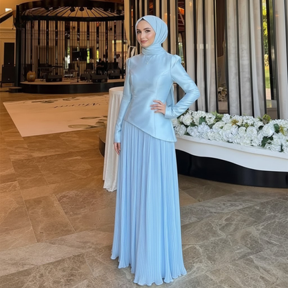 Elegant Blue Modest Satin Chiffon Pleated Floor Length Gown, Left