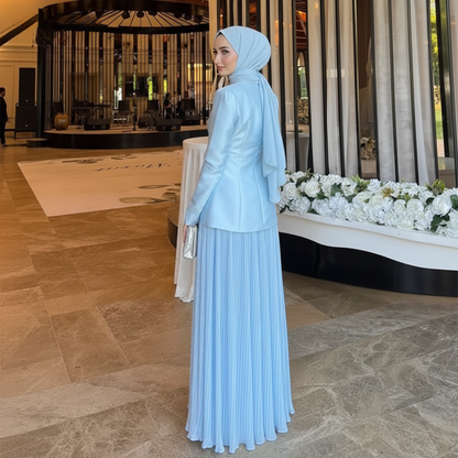 Elegant Blue Modest Satin Chiffon Pleated Floor Length Gown, Back