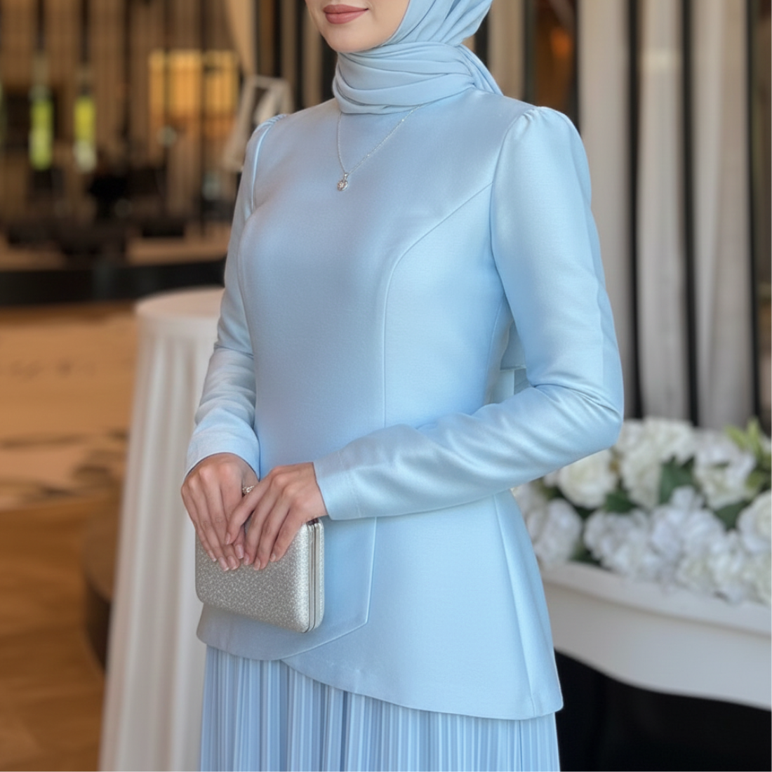 Elegant Blue Modest Satin Chiffon Pleated Floor Length Gown, Close Up 2