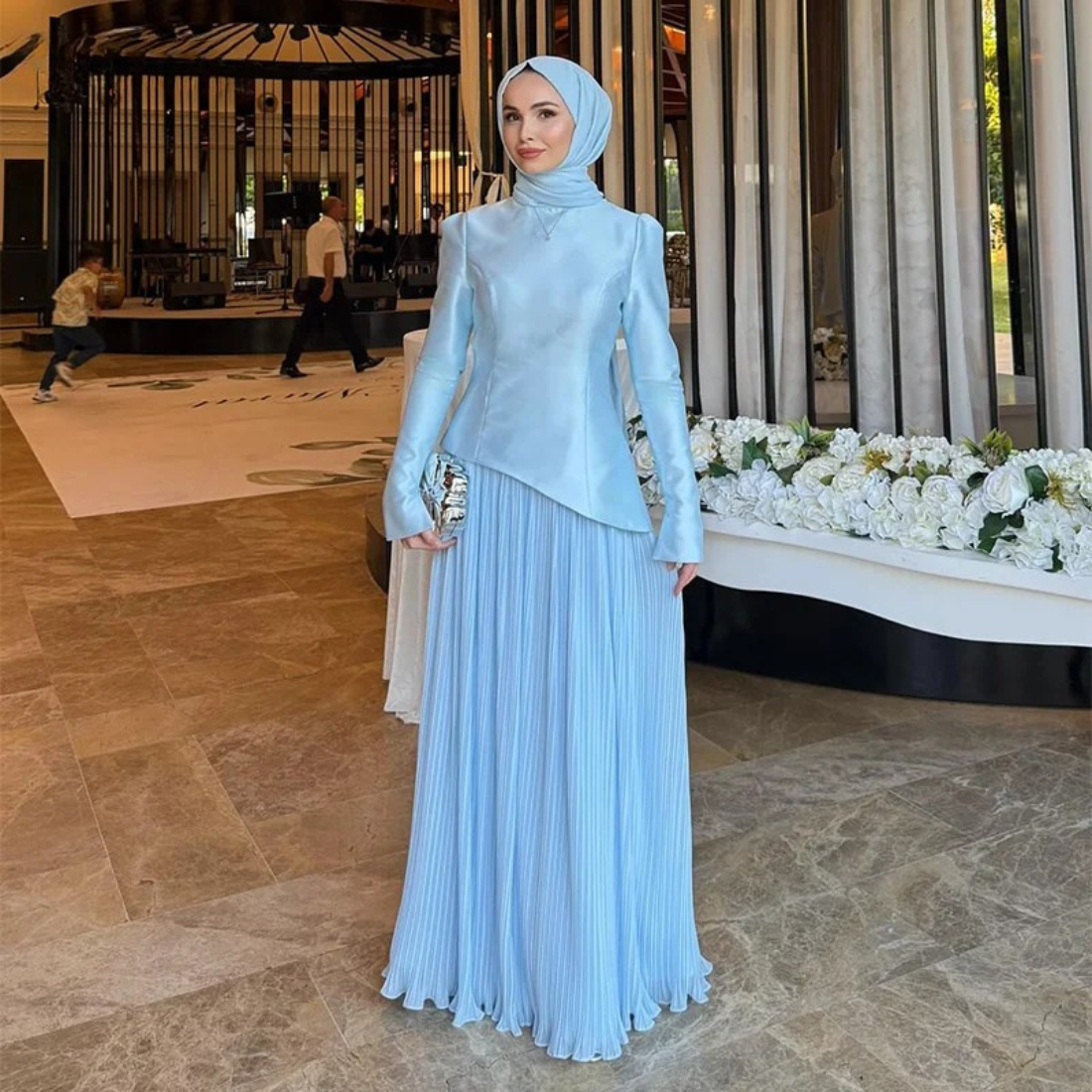 Elegant Blue Modest Satin Chiffon Pleated Floor Length Gown