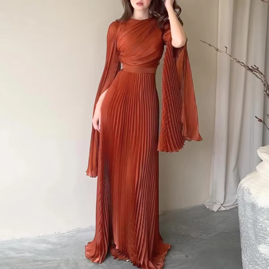 Elegant Brown Orange Pleated Batwing Sleeve Maxi Dress, Front