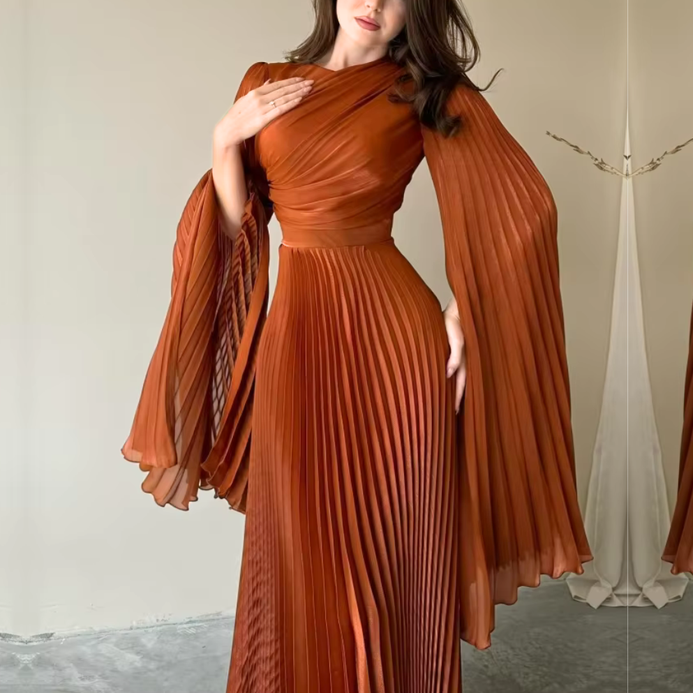 Elegant Brown Orange Pleated Batwing Sleeve Maxi Dress, right