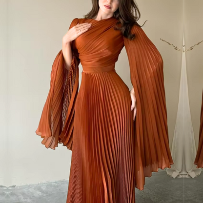 Elegant Brown Orange Pleated Batwing Sleeve Maxi Dress, right