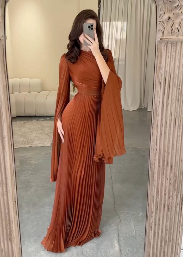 Elegant Brown Orange Pleated Batwing Sleeve Maxi Dress, Full Body 1