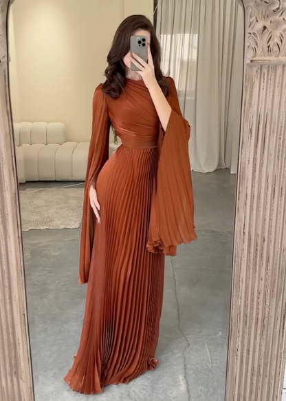 Elegant Brown Orange Pleated Batwing Sleeve Maxi Dress, Full Body 1