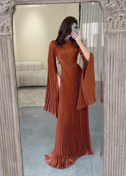 Elegant Brown Orange Pleated Batwing Sleeve Maxi Dress, Full Body 3