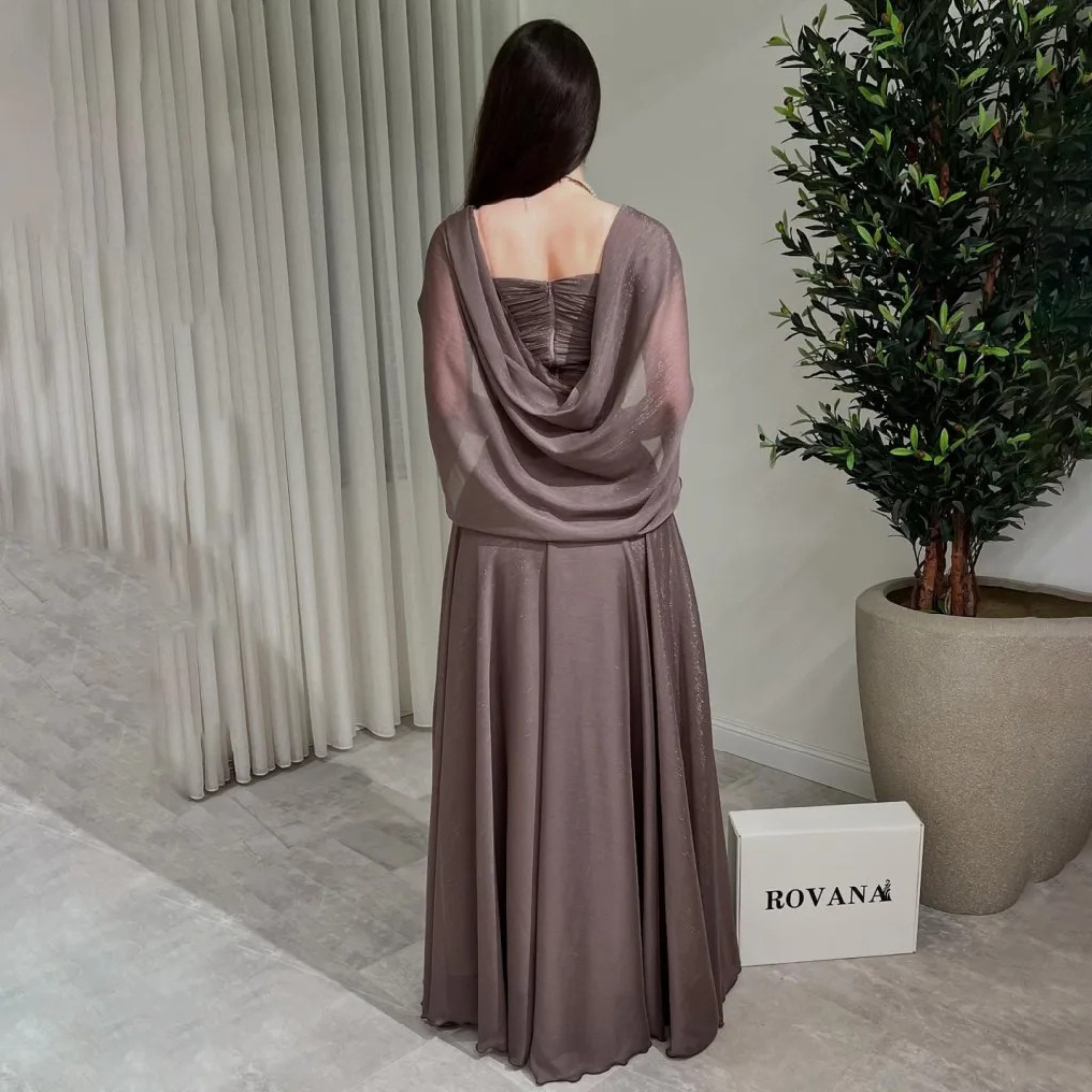 Elegant Cape Sleeves Mushroom Brown Chiffon Evening Dress, Back