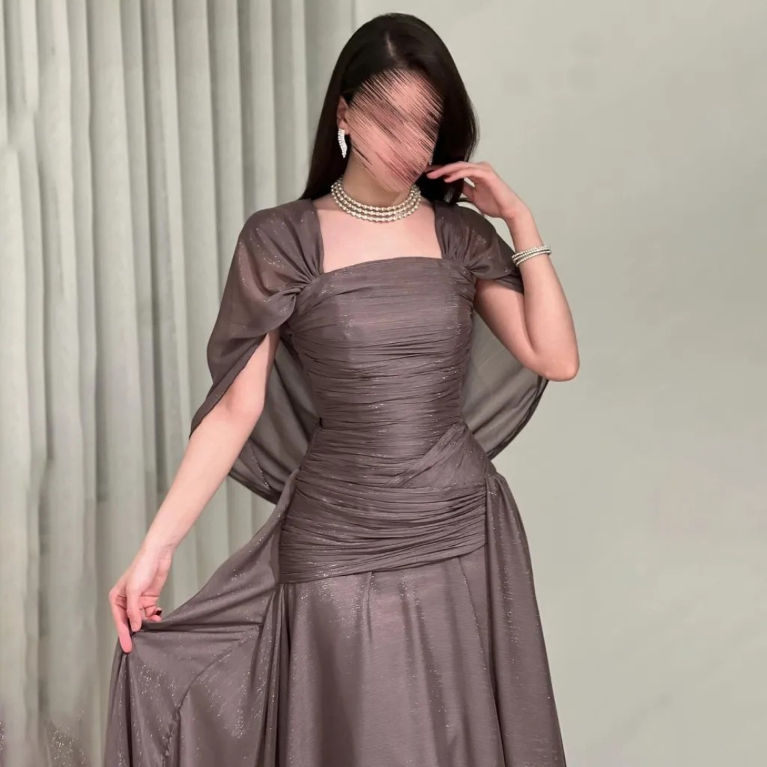 Elegant Cape Sleeves Mushroom Brown Chiffon Evening Dress, Close Up