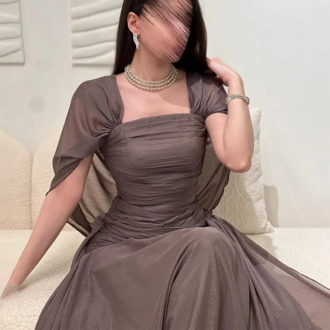 Elegant Cape Sleeves Mushroom Brown Chiffon Evening Dress, Close Up 2