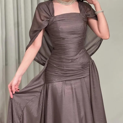 Elegant Cape Sleeves Mushroom Brown Chiffon Evening Dress, Close Up 3