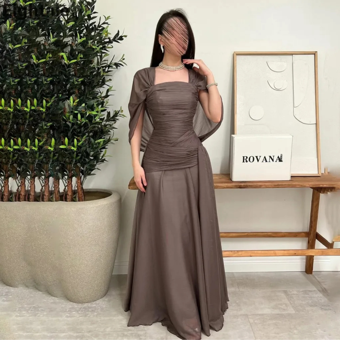 Mushroom Brown Chiffon Square Neck Cape Sleeves Floor-Length Dress 2