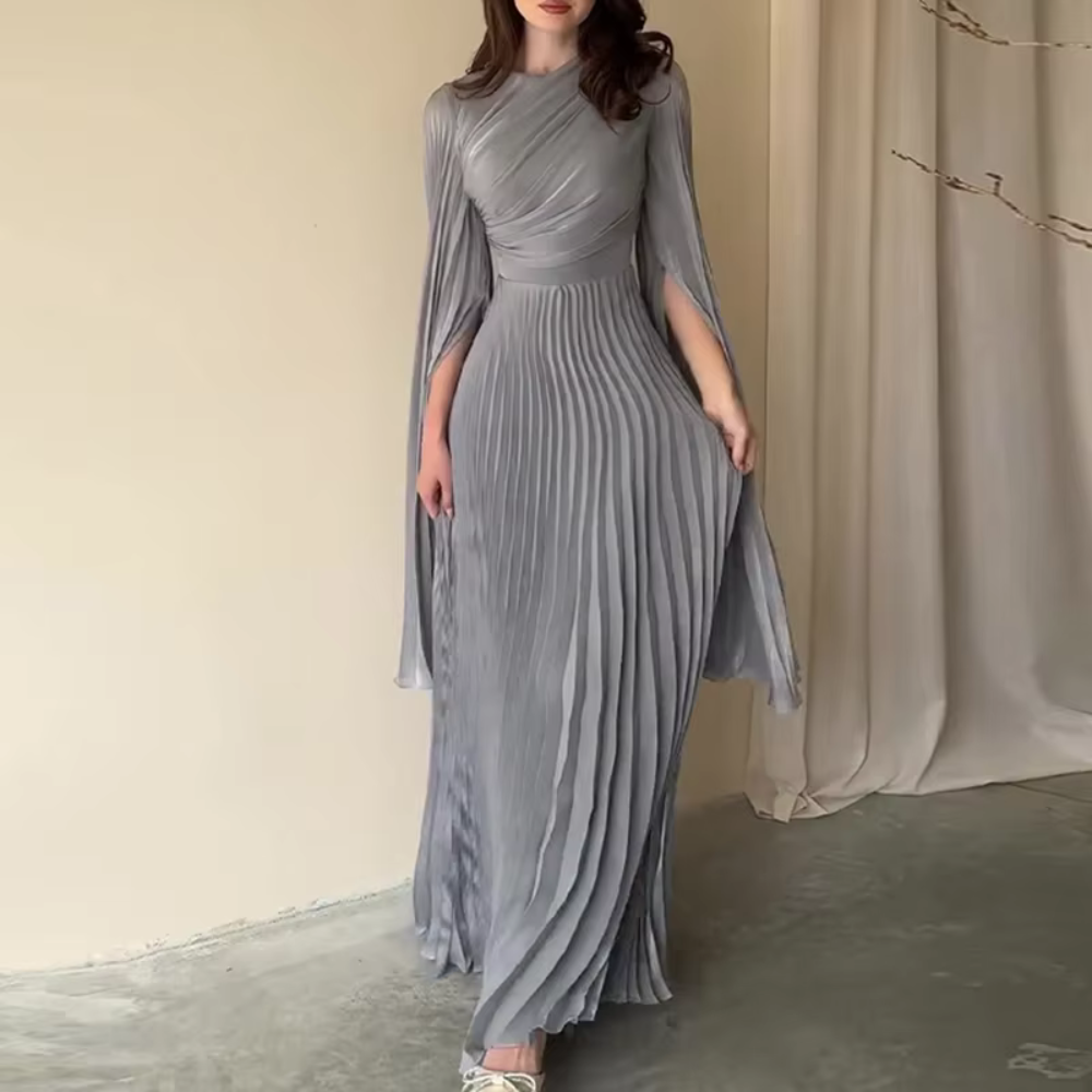 Elegant Grey Pleated Batwing Sleeve Maxi Dress, Front