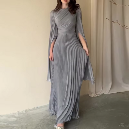 Elegant Grey Pleated Batwing Sleeve Maxi Dress, Front