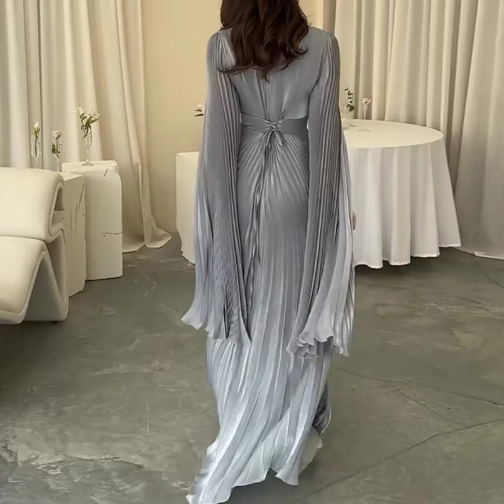 Elegant Grey Pleated Batwing Sleeve Maxi Dress, Back