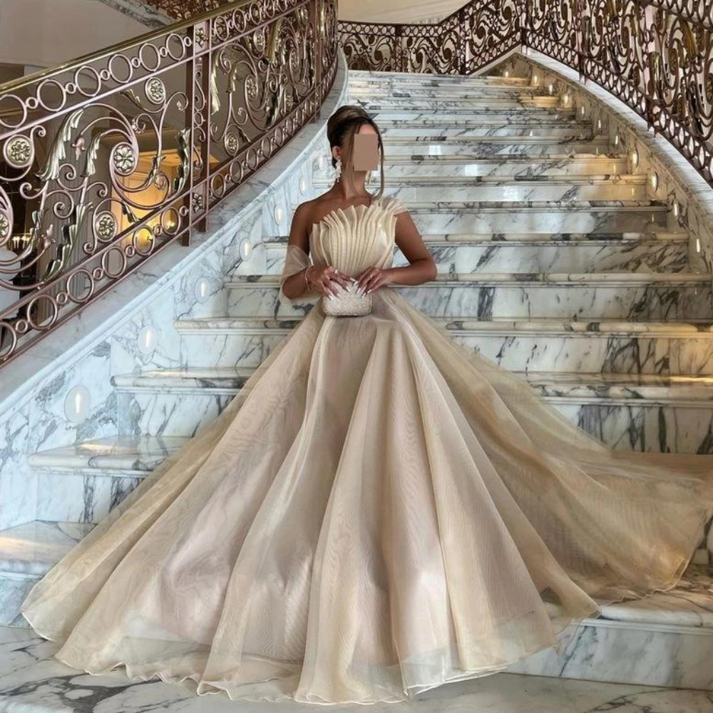 Elegant Ivory Beige Ruffle Evening Gown 10