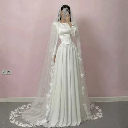 Elegant Modest Puff Sleeves Chiffon Satin Corset Bridal Gown with Veil