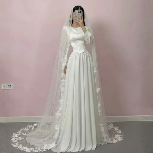 Elegant Modest Puff Sleeves Chiffon Satin Corset Bridal Gown with Veil