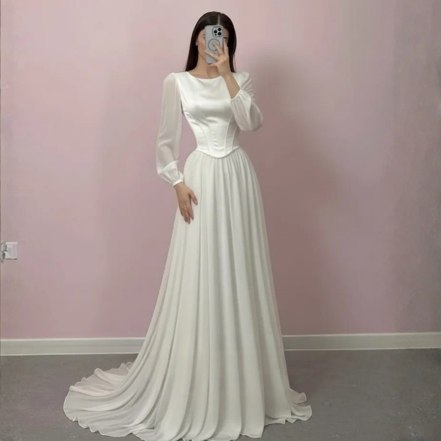 Elegant Modest Puff Sleeves Chiffon Satin Corset Bridal Gown with Veil, Front